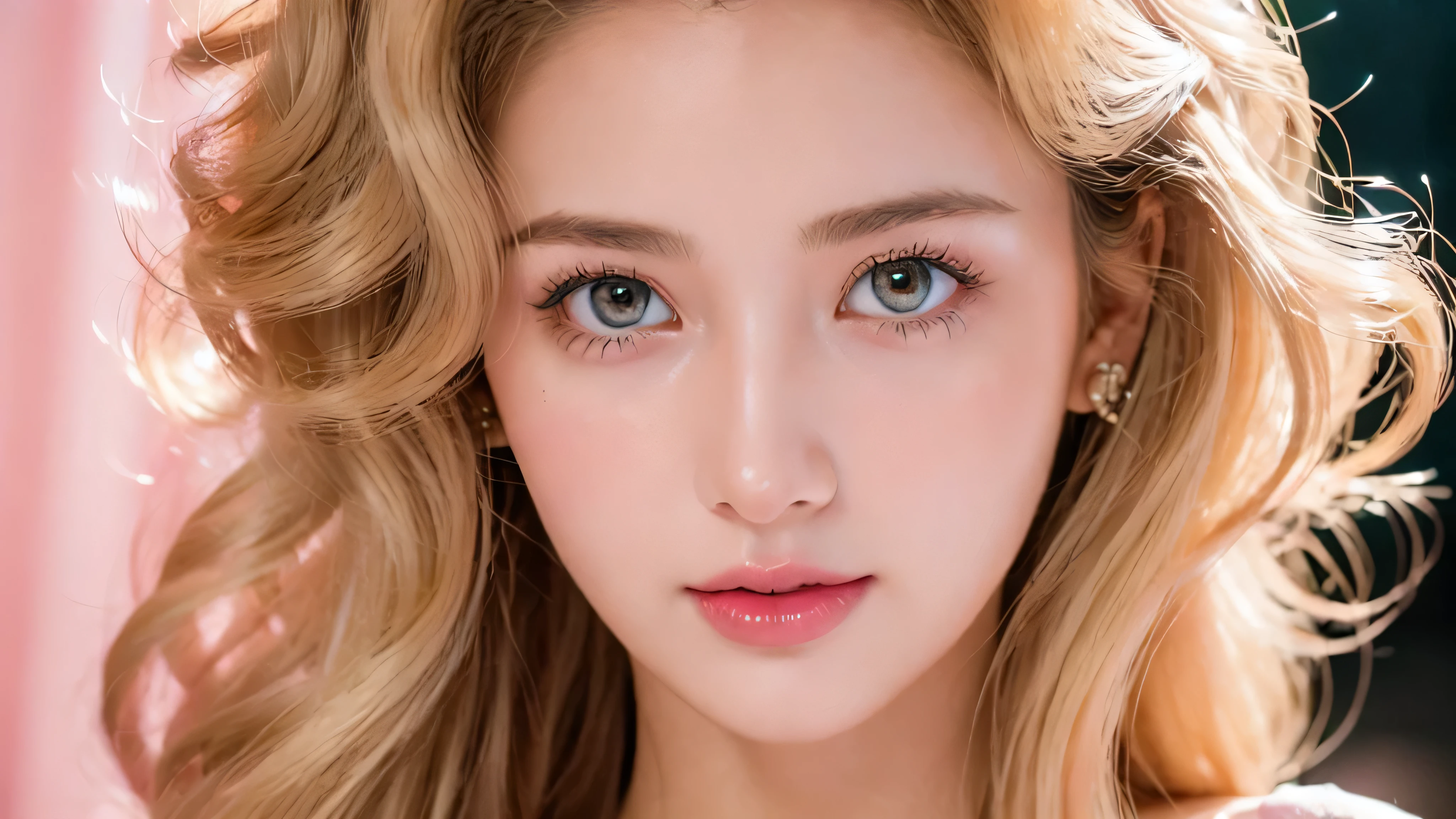 (close up of a beautiful 26 year old girl in a pink vintage dress: 1.2), movie stock photos, camera f1. 6, saturated colors, Vibrant, lifelike textures, Impressive classic lighting, Modern style, sexy full body photo, Evening, Curly hair has just been dyed light blonde