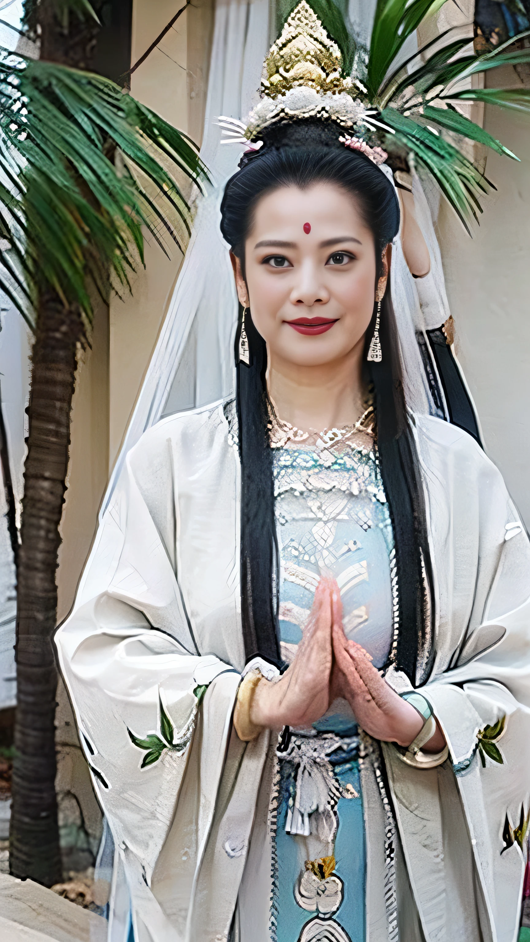 Bodhisattva，Wearing a white dress、Wearing a pagoda crown、Arafah women covered in white sand，Standing on the lotus，Wearing white gi，Hands together，Facing the camera