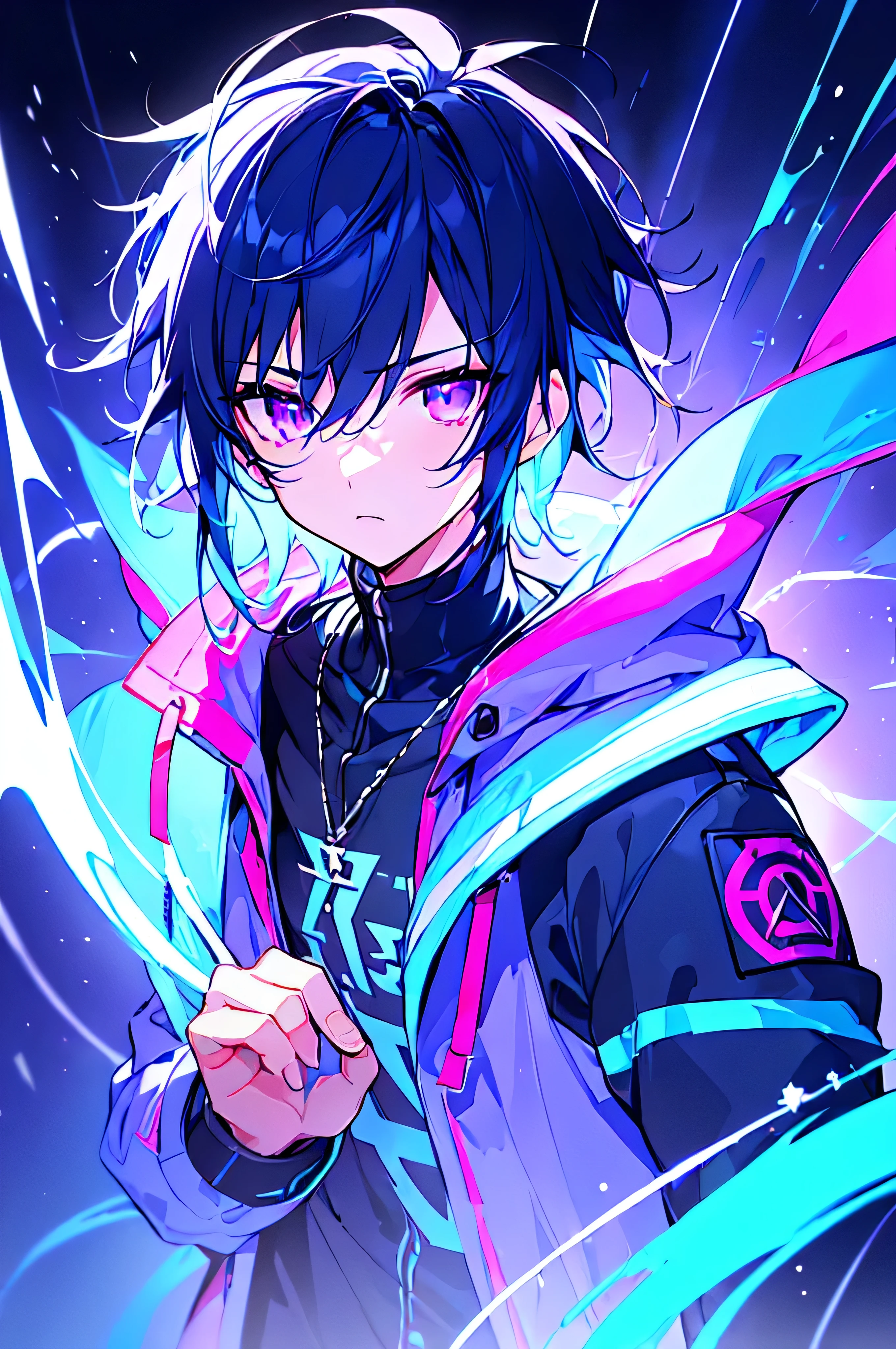 [(BLACK BACKGROUND:1.5),::5], ((((masterpiece)))), high quality, ultra very high resolution, full color, (((solo))), (((little boy))), men's black hair, ((blue colored inner hair)), ((purple eyes)), anime, ((upper body)), gloom expression depressed, neon light, black parka, (Thunder effect:1.2)