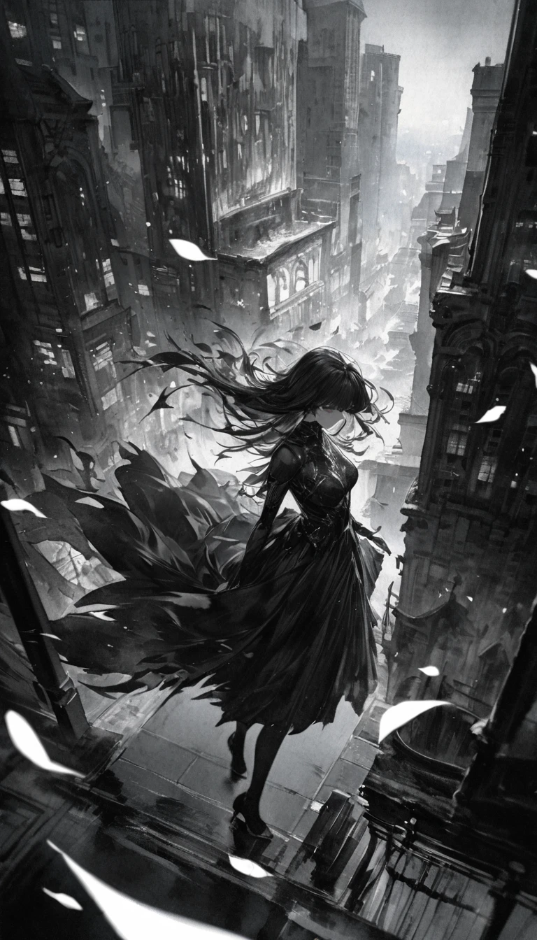up-and-coming works of art, fusion of watercolor and oil painting, monochrome, no color, best quality, super fine, 16k, incredibly absurdres, extremely detailed, beautiful ephemeral girl stands in the city, wind, wind-effect, moonlit night view, (magnificent view:1.2), steammetal, (only the falling petals are red)