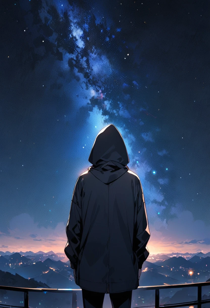 a guy in a black hooded coat looking at the night sky