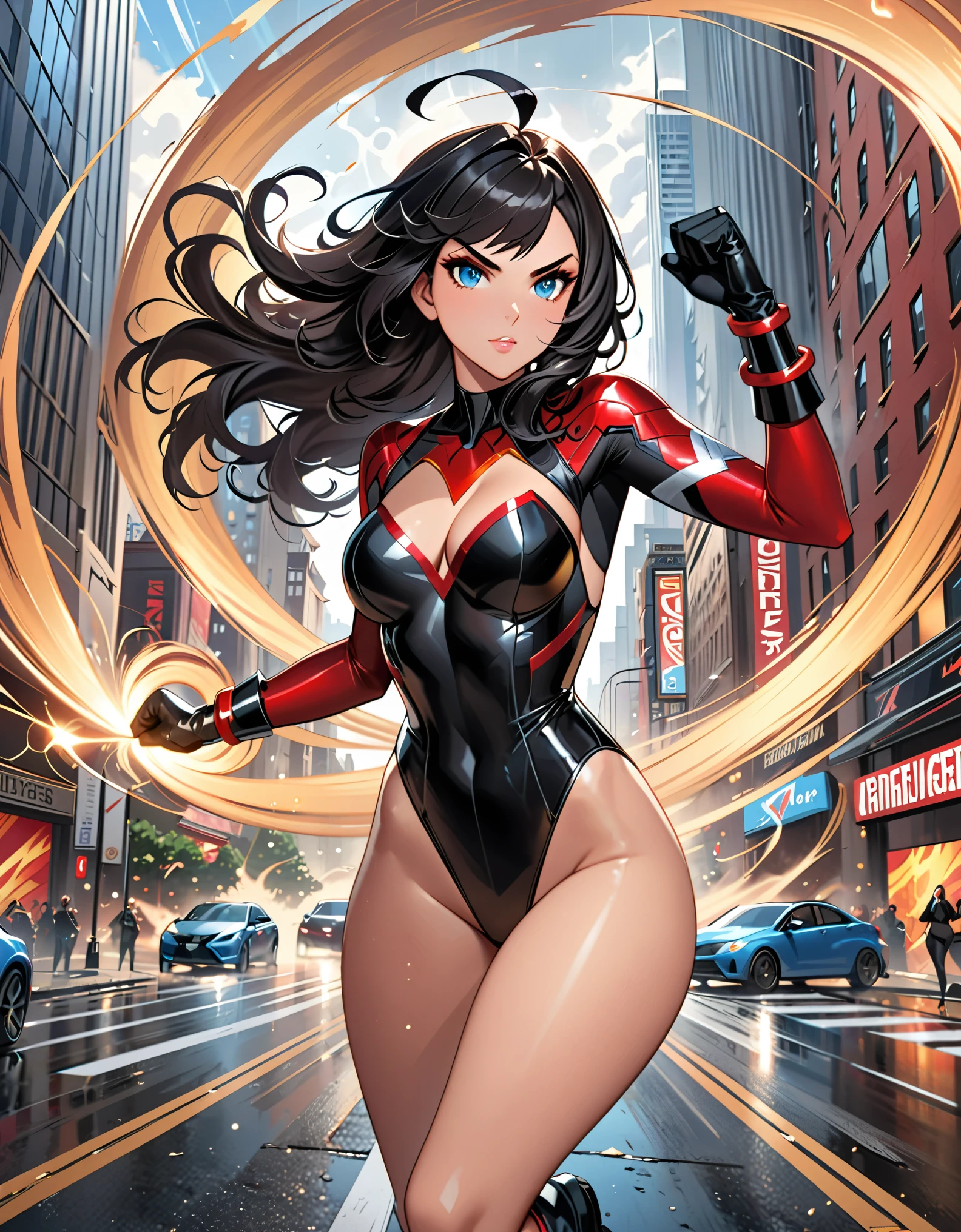 anime girl in a red and black suit twirling around in place on a city street, fast spin, (dynamic spin pose), spinning inside a tornado, spinning in place like a (tornado), see-through tornado in front of her, crossed arms, extremely detailed artgerm, style artgerm, style ivan talavera and artgerm, krenz cushart and artgerm, range murata and artgerm, artgerm style, in the style artgerm, ig model | artgerm, artgerm detailed, black hair, long hair, medium hair, ahoge, blue eyes, ((leotard)), bare legs, matching boots and gloves, superhero, bracelets, solo, solo focus, curved sword slash
