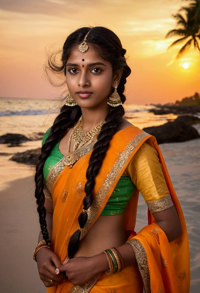 Very beautiful Indian Woman, portrait, 20 year old, teen age, blouse and saree, dusk and sunset, tropical ocean beach sand, coconut trees, open breast, royal, detailed body, detailed face, traditional, gorgeous, ultra realistic, charming, cute, long braided hair, perfect fingers, ambient lighting, winter, detailed background, volumetric lighting, shadow, 8k