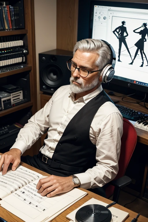 there is a 50 year old music producer with a very short white beard.,  short white hair, (a little overloaded), spectacled, sitting at a table with a keyboard and headphones, keyboard player, in his basement studio, using a synthesizer, Trend at the art station, sitting at the table at the keyboard, I play techno house music, trade at the art station, mixing, Music plays, to the music, stunning illustration by Milton Caniff, in two tones, two colors, black and red colors, drawing, drawing, ink, masterpiece
