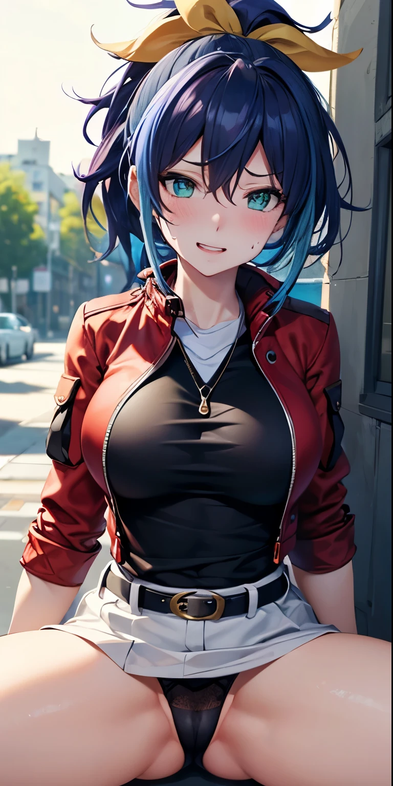 1 Female,High definition,high resolution,Ultra-realistic,8K, aaserena, yellow ponytail, ((multicolored hair)), red jacket, black shirt, belt, white skirt, tight skirt, miniskirt ,jewelry,European,sexy,Upper body close-up,Photographed from the front,Dynamic Angles,blush, big tits , happy, wink the eye,facial, sweat,multicolored hair ,(wide thighs:1.4),(black panties),(show panties),(spread legs),(cameltoe)