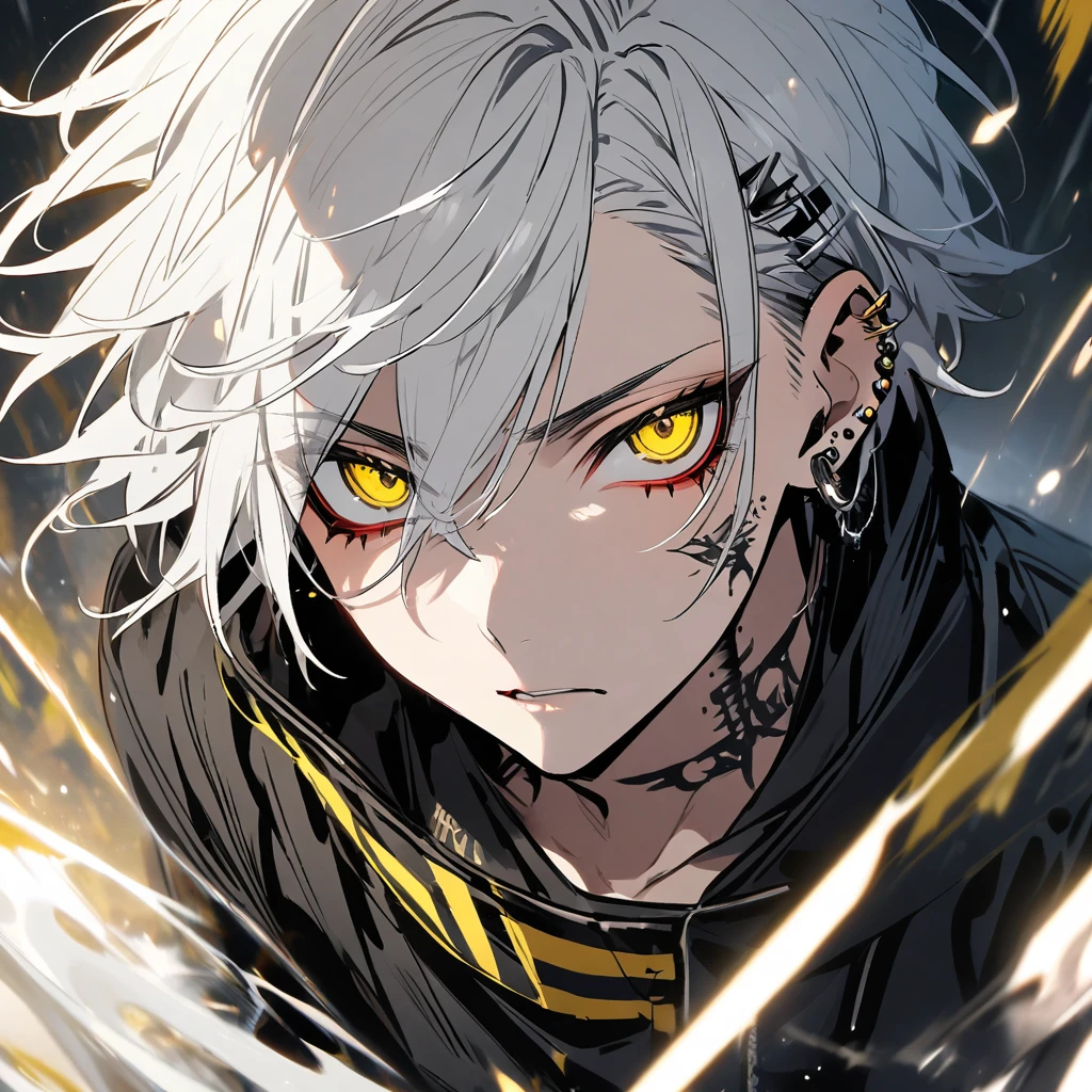 man, yellow eyes, white hair, piercings, black jacket