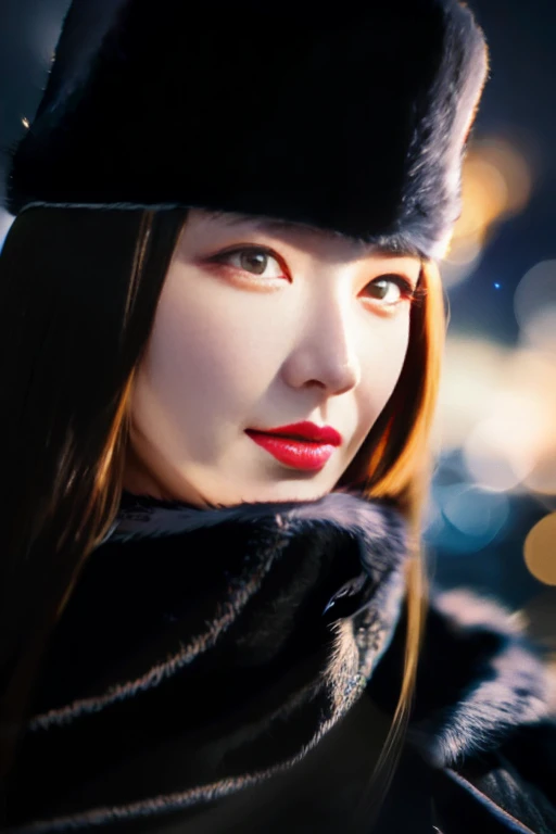Maetel, Long Hair, Blonde,Fur trim, Black Hat, Fur hat, dress,(Cowboy Shot:1.1), Yellow Eyes, (luggage:1.1), vapor (station:1.1),stationのプラットホーム,  night, Milky Way,999 Best Quality, Very detailed, masterpiece, Absurd,8k,   (Detailed eyes, Deep Eyes),photoRealistic, Realistic,Detailed skin texture, Detailed pupil,High resolution,
1 Female,(Happy:1.1),smile, (Angular face:1.2),Shining Face,Large Breasts, (Tight waist:1.1), Lip Makeup,Long eyelashes