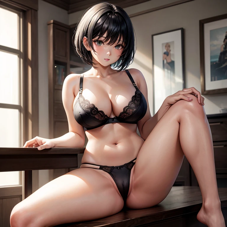 Woman with short black hair, large breasts, panties and bra, sitting with legs spread.