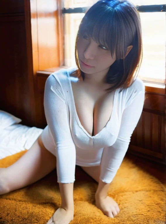 (high resolution、Highest quality、masterpiece、4K),Fluorescent light、One Girl、On all fours、to close range、blush、Kamimei、Staring at this、Loose fitting T-shirt, Cleavage, Small breasts, In the room, window, Cute pose, Beautiful pose, cuteness, Beautiful breasts, showing Cleavage, Highest quality、(Well good)、(I can see the nipples)