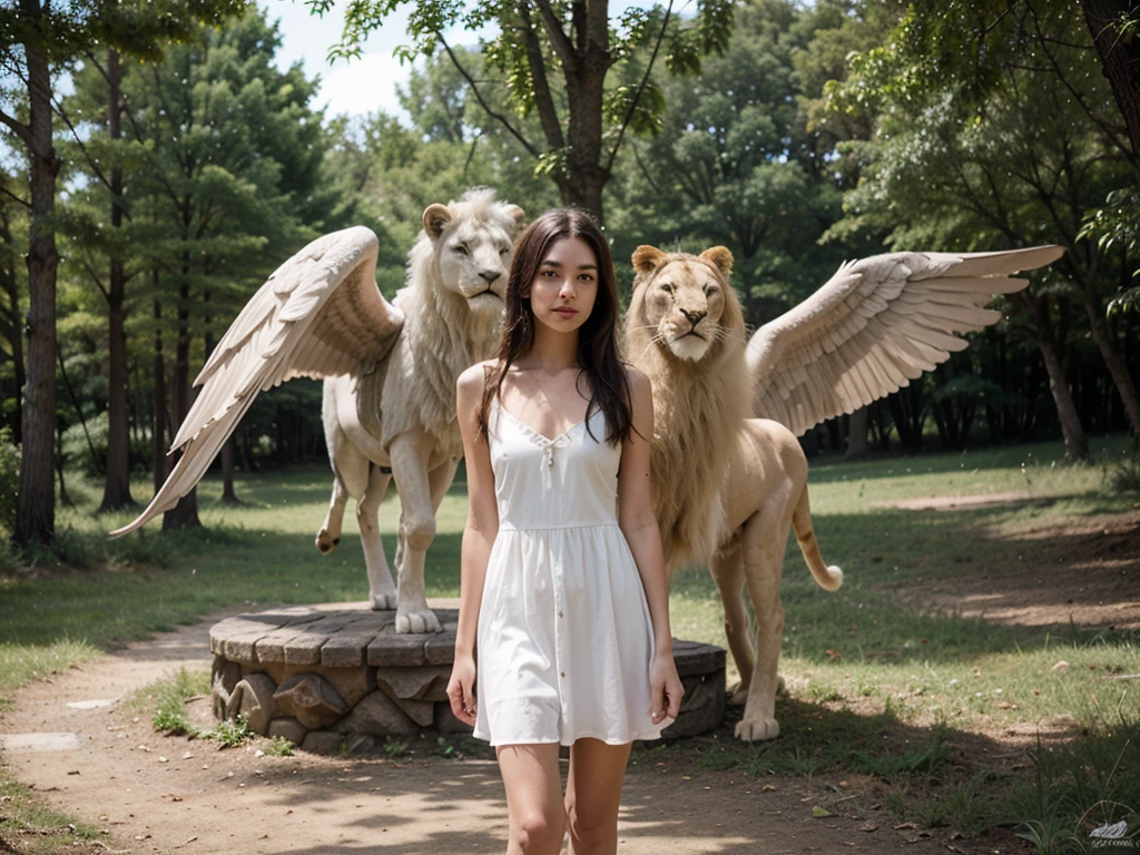 A girl,beautiful white dress, With a winged lion,In the woods