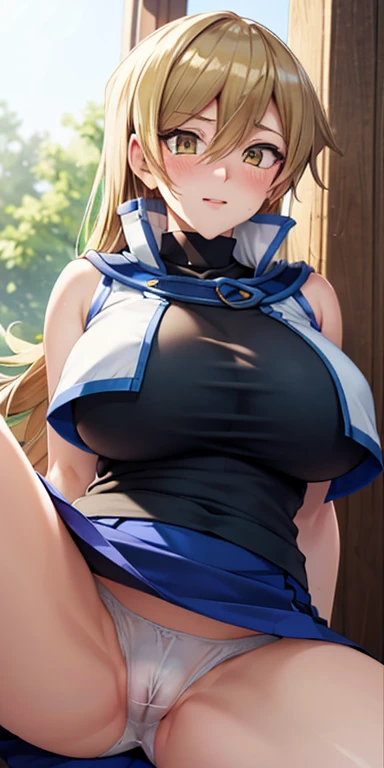 1 Female,High definition,high resolution,Ultra-realistic,8K, ta1, blonde hair, long hair, yellow eyes,(white jacket), sleeveless,( blue skirt),tight skirt, miniskirt,fingerless gloves, large breasts,European,sexy,Upper body close-up,Photographed from the front,Dynamic Angles,blush, big tits , happy, wink the eye,facial, sweat,multicolored hair ,(wide thighs:1.4),(white panties),(show panties),(spread legs),(cameltoe)