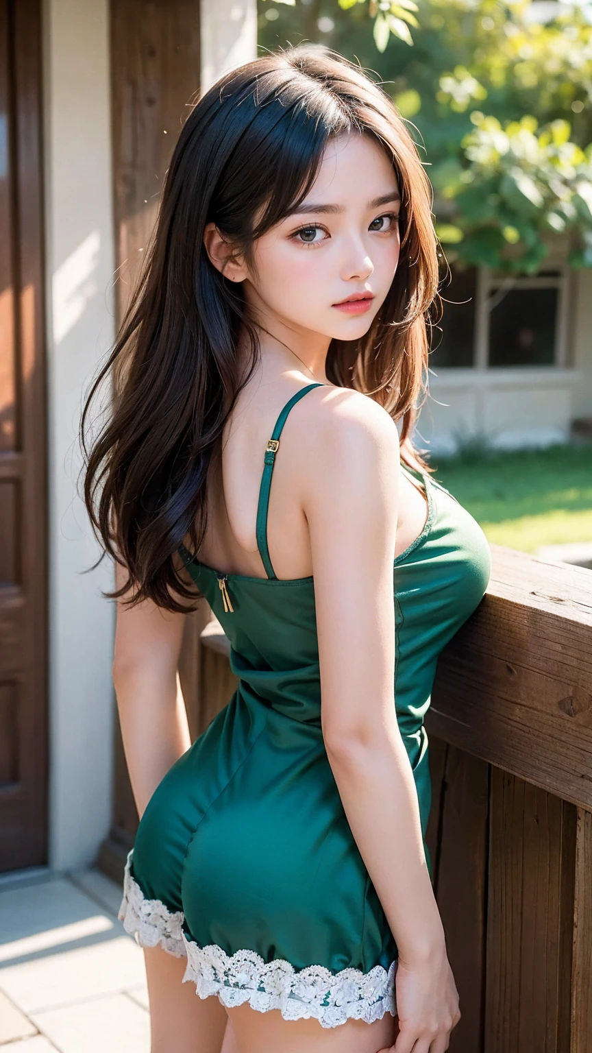 "1Beautiful girl": "1Beautiful girl, extremely detailed CG unified 8k wallpaper, highly detailed, High-definition raw color photos, professional photography, Realistic portrait, teenager, brunette, long hair, satin camisole and shorts set - emerald green with crisscross back and lace trim"