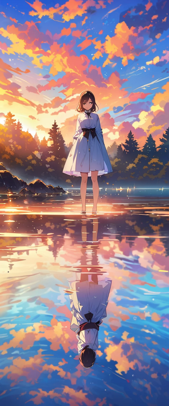 Official Art, Unified 8k wallpaper, Very detailed, masterpiece, Best image quality,Ultra Wide Angle,evening,woman,Standing in the pond,The water is like a mirror,Reflecting the sky。Looking up at the sky,Colorful sunset,Dynamic Angle, Grace, Bright colors,