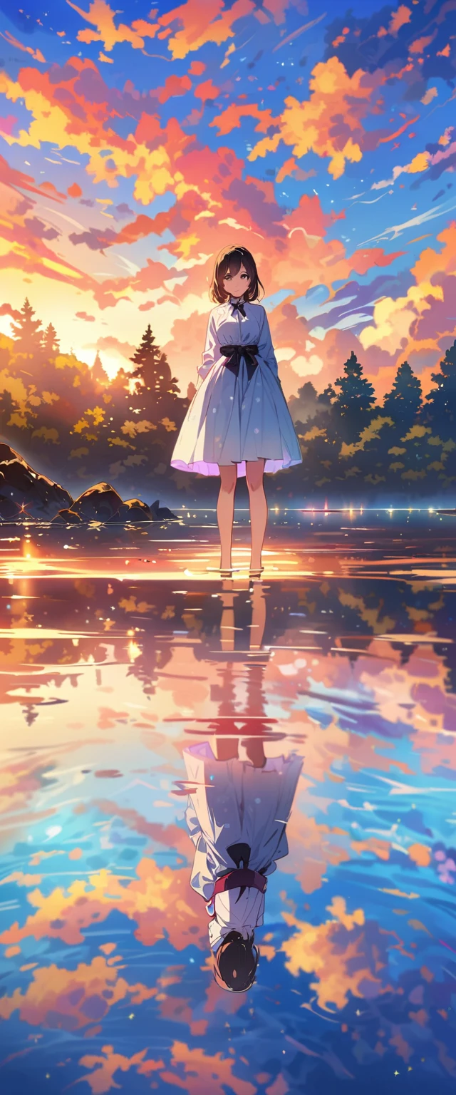Official Art, Unified 8k wallpaper, Very detailed, masterpiece, Best image quality,Ultra Wide Angle,evening,woman,Standing in the pond,The water is like a mirror,Reflecting the sky。Looking up at the sky,Colorful sunset,Dynamic Angle, Grace, Bright colors,