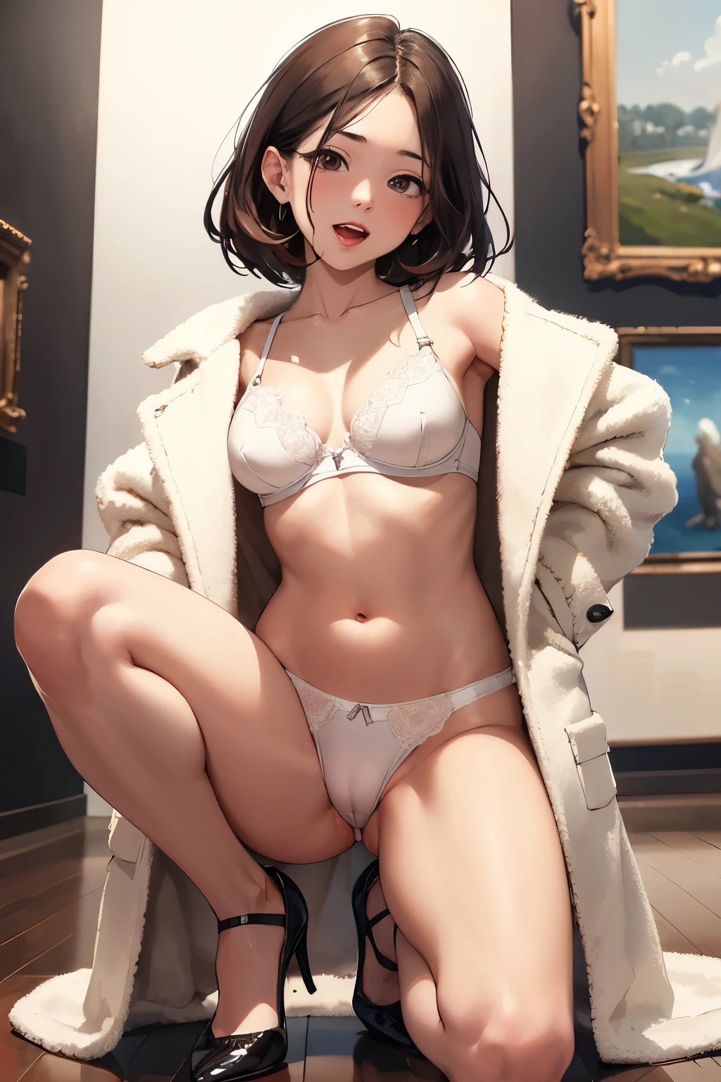 ((Highest quality)), ((masterpiece)), (detailed), ((in art museum)), 1 21-year-old girl, cute, nsfw, brown shiny hair, (small breasts), open eyes, open mouth, brown eyes, public indecency, white lace bra, white lace panties, long spring coat, looking at viewer, orgasm, happy, embarrassed, in heat, cameltoe, high‐heeled shoes, open legs, (lipstick), squat, 