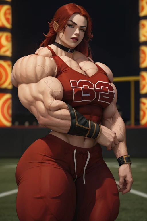 ((Close-up)), tall, (red hair) beautiful muscular asian woman, long hair, pale white skinned, closed smile, large breast, (black lipstick), (massive muscles), (hyper muscle), ((ginormous bulky muscles)), yellow eyes, ((red football Jersey)), (football jersey pants), choker, boots, in a football field at night,