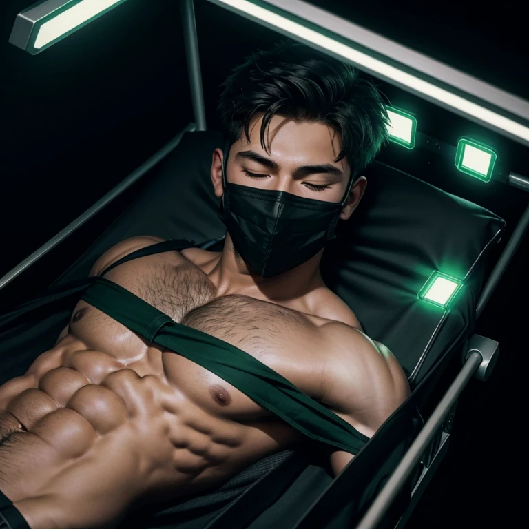 a young man, with his eyes closed, muscular, shirtless, wearing a mask covering his face, lying on a hospital stretcher, on a black and dark background with a very strong green light, seen from very high