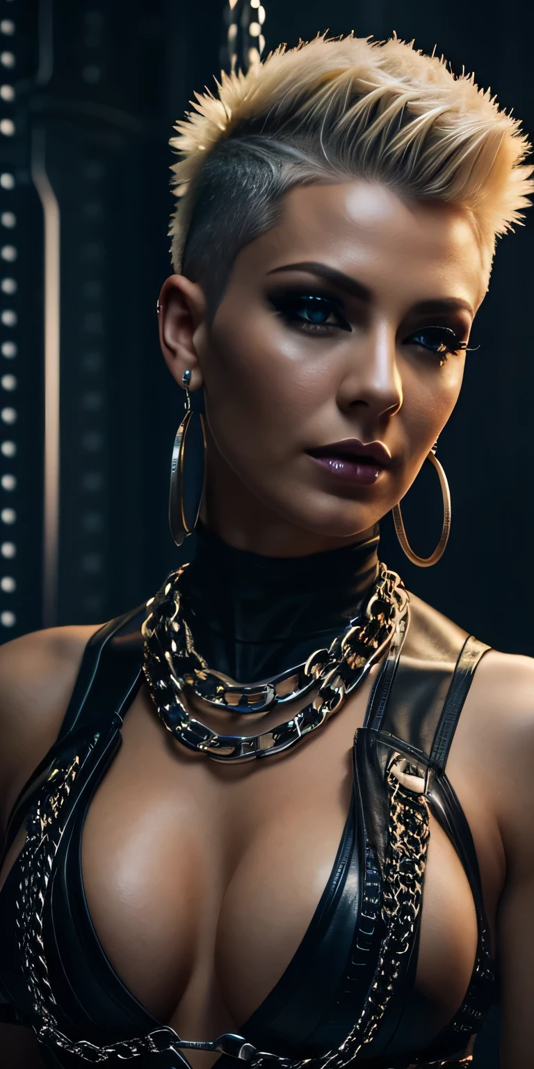 Beautiful, Firm, front view, intricate details, short mohawk blond , glamour ,  35 years old,   front view, low pov, dark makeup, open pose, cyber punk, chains, deep cleavage,