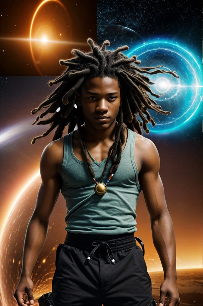 boy with short dreads that has the power to create black holes portals and time travel.