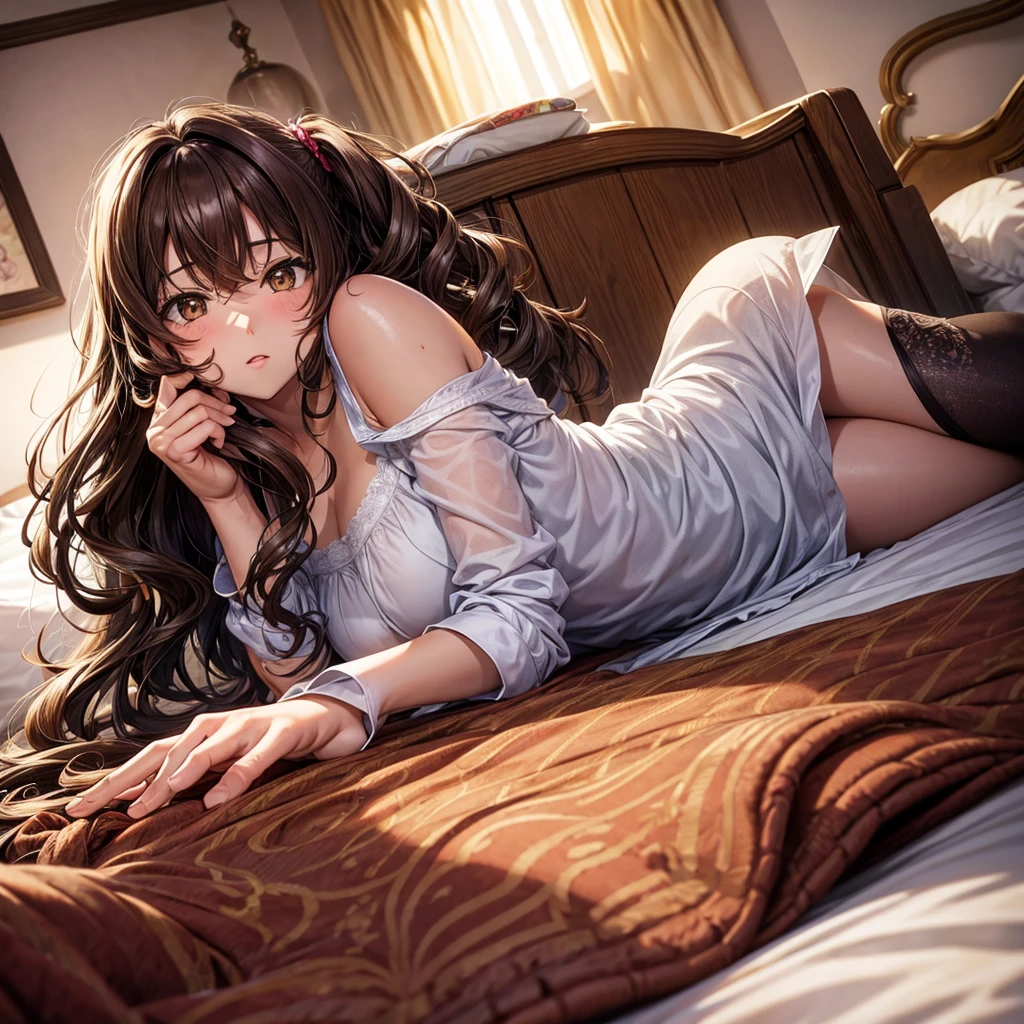 a girl wavy hair brown eyes sexy in her room lying on her bed