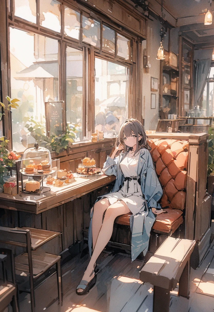 masterpiece,最high quality,Very detailed,High resolution backgrounds,8k,there is nothing,high quality,break,japanese manga style, sketch, Watercolor Colors,Cafe with a nice atmosphere,antique interior,Stylish interior,girl,slowly,relax,sweets,