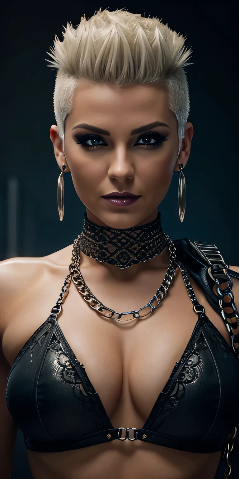 Beautiful, Firm, front view, intricate details, short mohawk blond , glamour ,  35 years old,   front view, low pov, dark makeup, open pose, cyber punk, chains, deep cleavage,