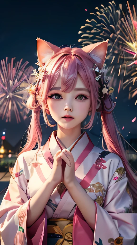 ((Highest quality))、((masterpiece))、(detailed)、High resolution、One personの女の子、Pink Hair、Beautiful eyes、kimono、I pray、Put your hands together、(Be confident:1.4)、(One person:1.4)、Fireworks in the background、Cat ear