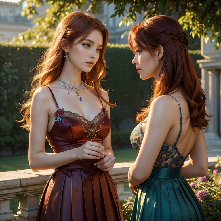 (masterpiece, best quality:1.5), highest quality, High resolution, super detailed, Realists, Full body photo of red-haired woman, detailed and beautiful eyes, beautiful detailed lips, very detailed eyes and face, longeyelashes, Woman in evening dress made of shiny satin, Beautiful and colorful makeup, elegant and noble々The jewelry bag, Gardens as background, soft daylight, bright colors, fine brushstrokes, Portrait style, Silk dress fabric, beautiful color palette, glowing skin, First-class rendering, that captures every detail, enchanting atmosphere, subtle shadows and lights, (perfect anatomy:1.2), (Two stunning women look flirtatious:1.4), (magnificent panorama view:1.2)