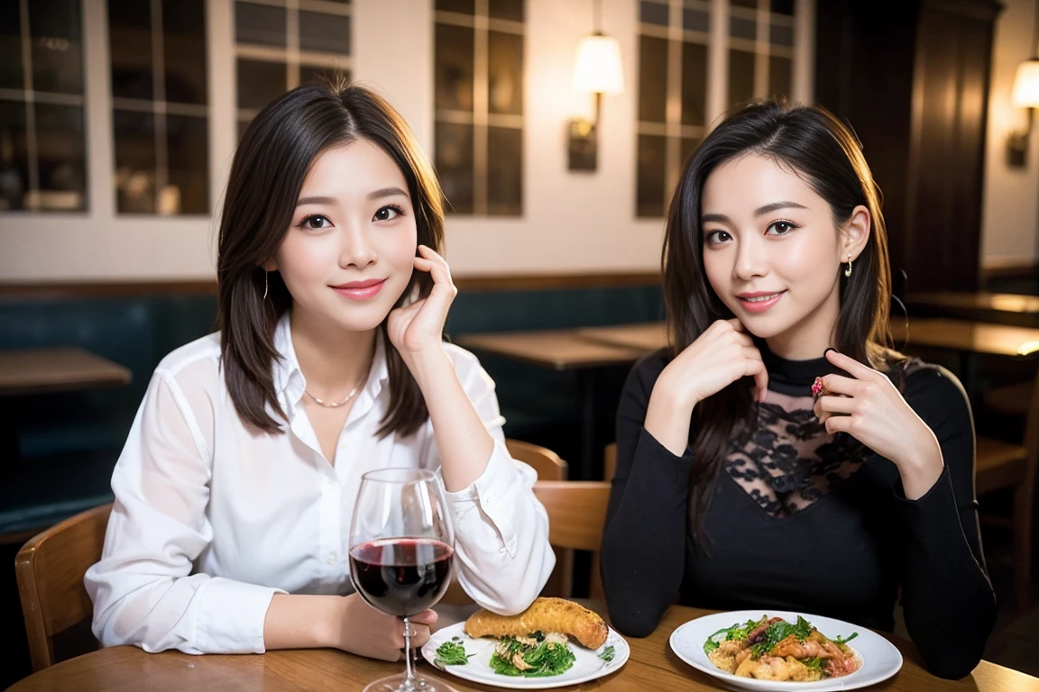 ((Highest quality、8k、masterpiece:1.limカップル、modelカップル、(Realistic, Intricate details:1.2), full-course dinner、Wine Partying view of the sunset sky and clouds、A bright smile、The wonderfulness of smile、Bright image、The beauty of wine, Beautiful Face, blue eyes, The light shines on your face, blush, short hair,Bright Face、 (Age 37), 3rs old, red wine 、Appetizers、Italian food、Wine bottle、Champagne、sparkling wine、Two beauties、Brown Hair、Shortcuts、Long sleeve shirt、dress、Beautiful woman 1, (slimな顔), (The body is slim), (Brown Hair), (Shortcuts), cheeks turn a little red,Attractive beauty、restaurant, In a prominent place (From the waist up) Nova Frog Style, actress, model, Upper Body, White wine, slim, wine glass, 中央に置かれたwine glass, smile, (smile: 1.15), Beautiful fine grain, Depth f/2,saturation, High Contrast, Strong light and shadow,Moist Body:1.5、3D texture、Delicate eyes、Brown Hair、The hair is very shiny、