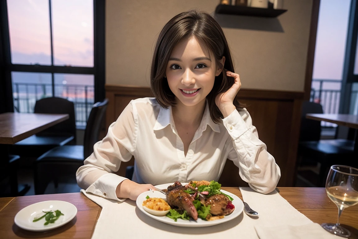((Highest quality、8k、masterpiece:1.3))、slimカップル、modelカップル、(Realistic, Intricate details:1.2), full-course dinner、Wine Party、Amazing view of the sunset sky and clouds、A bright smile、The wonderfulness of smile、Bright image、The beauty of wine, Beautiful Face, blue eyes, The light shines on your face, blush, short hair,Bright Face、 (Age 37), 39 years old, red wine 、Appetizers、Italian food、Wine bottle、Champagne、sparkling wine、Two beauties、Brown Hair、Shortcuts、Long sleeve shirt、dress、Beautiful woman 1, (slimな顔), (The body is slim), (Brown Hair), (Shortcuts), cheeks turn a little red,Attractive beauty、restaurant, In a prominent place (From the waist up) Nova Frog Style, actress, model, Upper Body, White wine, slim, wine glass, 中央に置かれたwine glass, smile, (smile: 1.15), Beautiful fine grain, Depth f/2,saturation, High Contrast, Strong light and shadow,Moist Body:1.5、3D texture、Delicate eyes、Brown Hair、The hair is very shiny、
