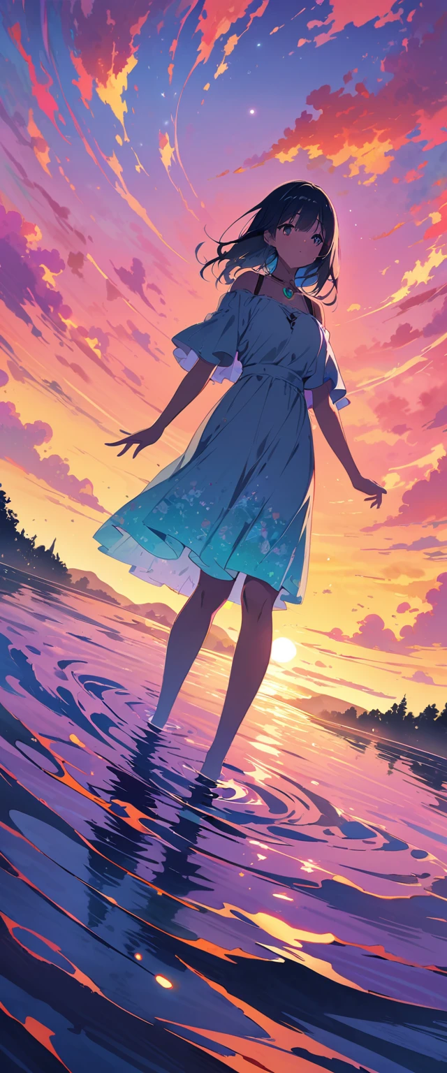 Official Art, Unified 8k wallpaper, Very detailed, masterpiece, Best image quality,Ultra Wide Angle,evening,woman,Standing in the pond,The water is like a mirror,Reflecting the sky。Looking up at the sky,Colorful sunset,Dynamic Angle, Grace, Bright colors,