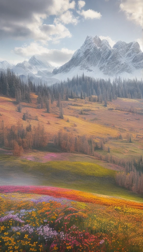 Flower field with butterflies and snowy mountains and a partly cloudy day, beautiful view, overview 