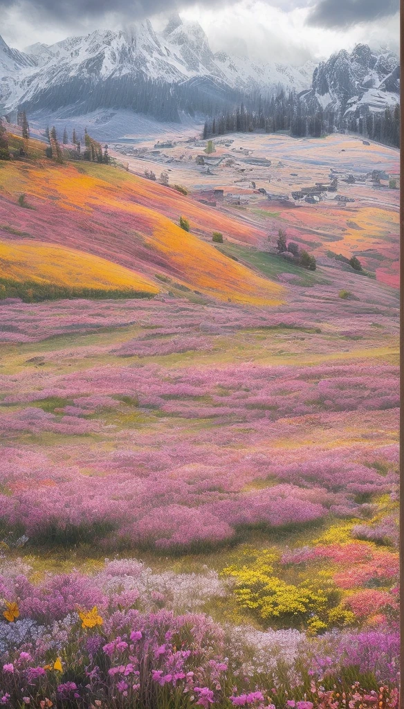 Flower field with butterflies and snowy mountains and a partly cloudy day, beautiful view, overview 