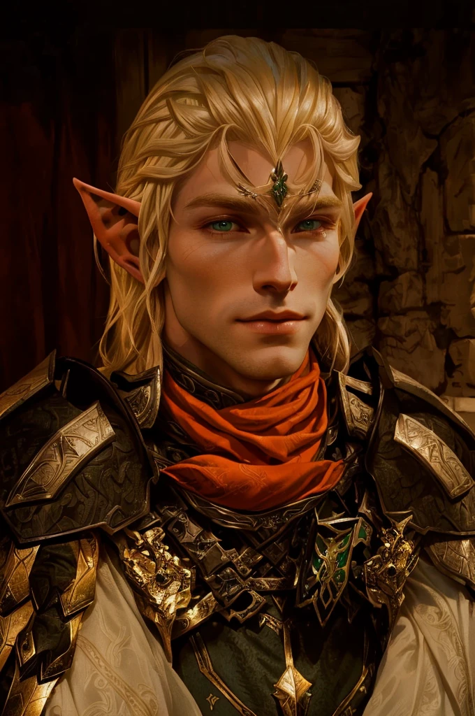 elf male, long blond hair, green eyes, elven character with smirk, a middle aged elf, male blonde elf ranger, a male elf, elven male, of an elden ring elf, dragon age inquisition, a portrait of a male elf, elvish blonde male warrior, wearing armor