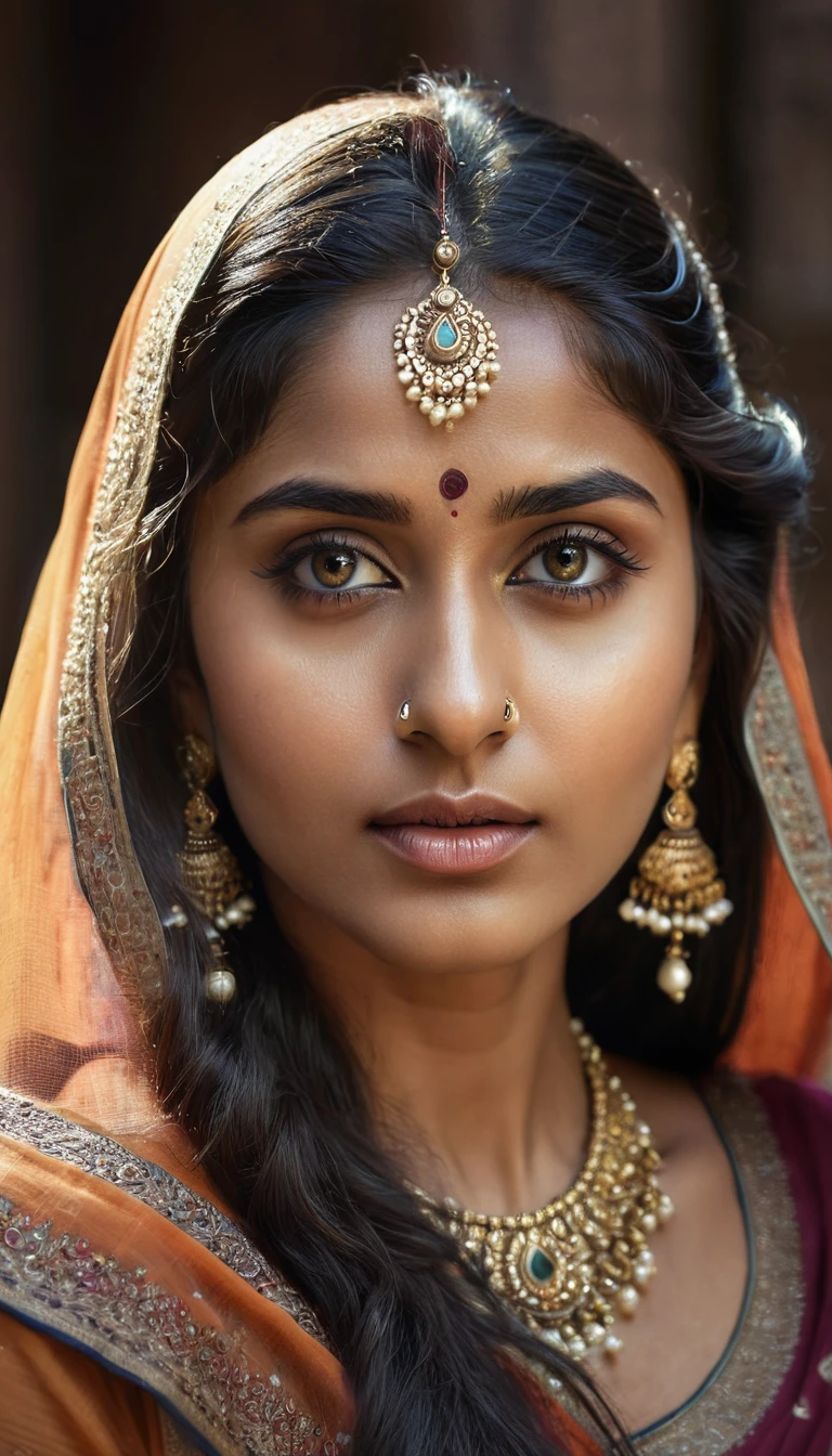 a beautiful mysterious indian woman, intricate detailed face, piercing eyes, long eyelashes, delicate skin, natural beauty, flowing hair, candid elegant pose, dramatic lighting, cinematic mood, muted color palette, chiaroscuro lighting, high quality, photorealistic, 8k, intricate details, professional rendering