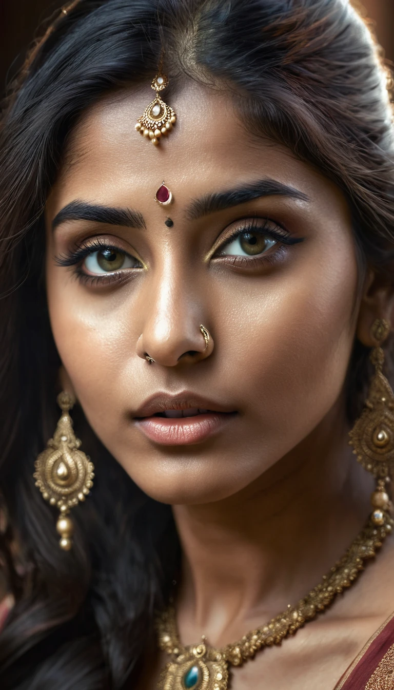 a beautiful mysterious indian woman, intricate detailed face, piercing eyes, long eyelashes, delicate skin, natural beauty, flowing hair, candid elegant pose, dramatic lighting, cinematic mood, muted color palette, chiaroscuro lighting, high quality, photorealistic, 8k, intricate details, professional rendering