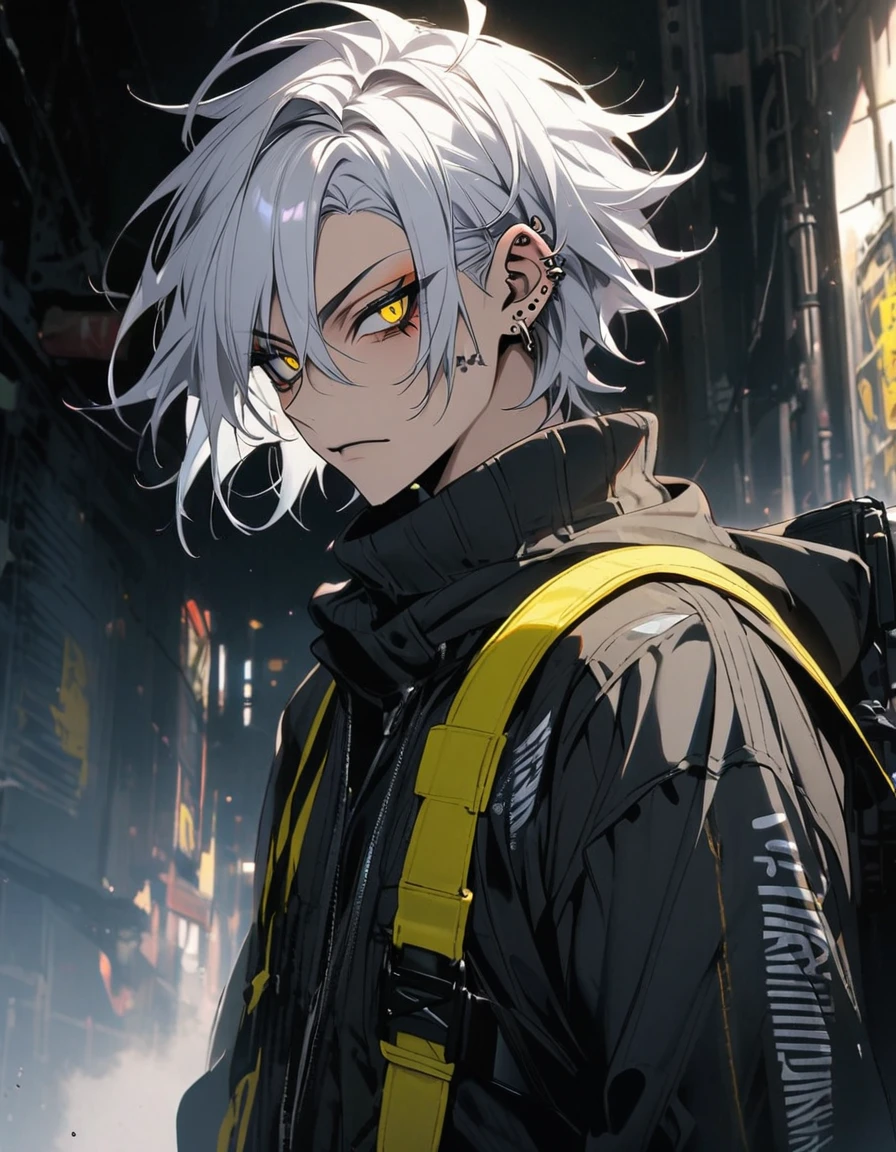 man, yellow eyes, white hair, piercings, black rob