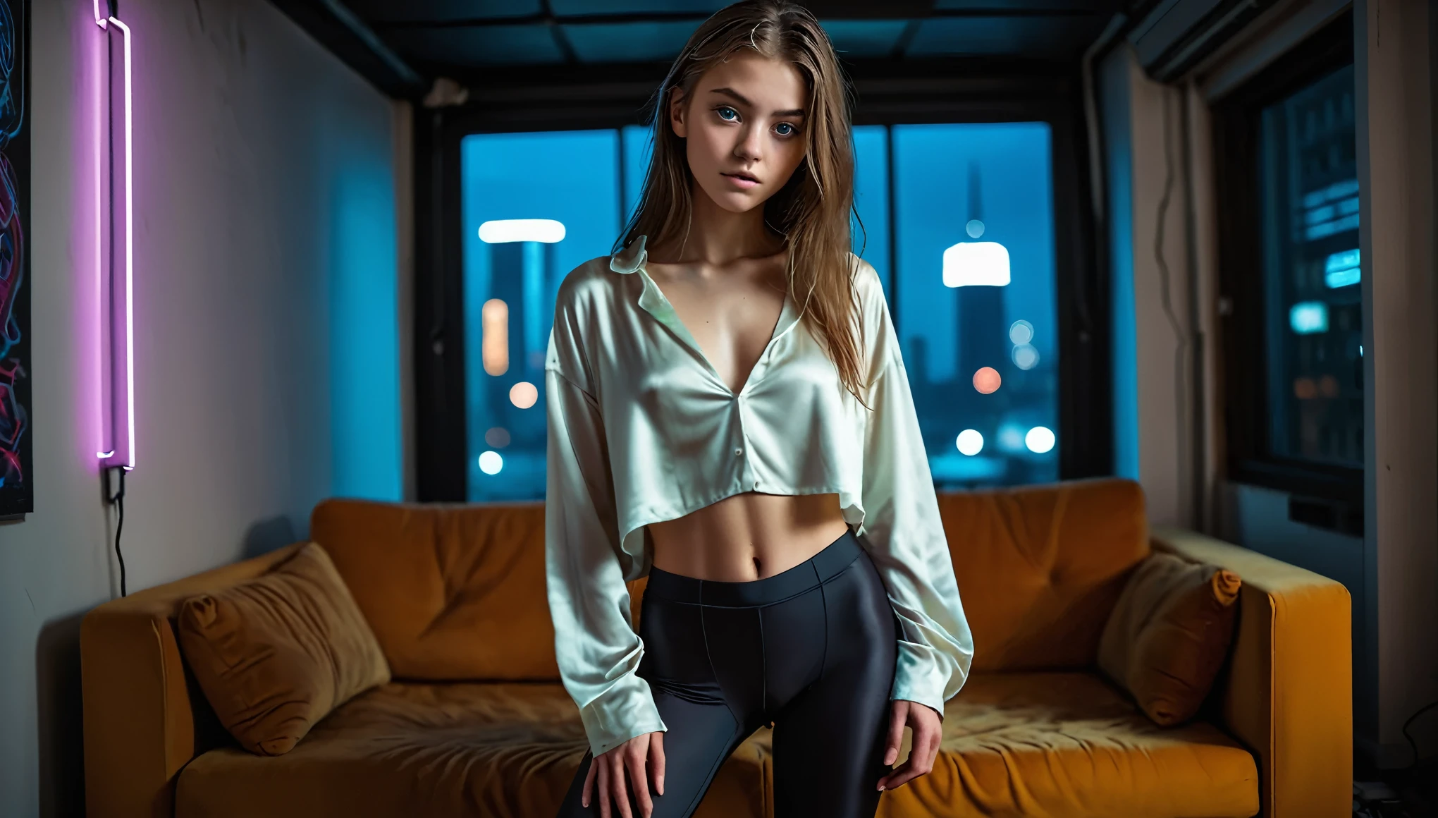 Top Quality, Masterpiece, High Resolution, 8k, (cute skinny barely legal girl ((((in oversized loose silky crop shirt with deep cleavage, deep neckline)))) and tight leggings, ((small perky breasts)), beautiful detailed eyes, beautiful detailed lips, small closed mouth, extremely detailed face, pale skin, random long hair style, small hips, some tattoos), (((in cyberpunk apartment, random pose next to a couch))), moody atmosphere, random neon colors, futuristic setting, intricate details, at night, backlit, full body shot