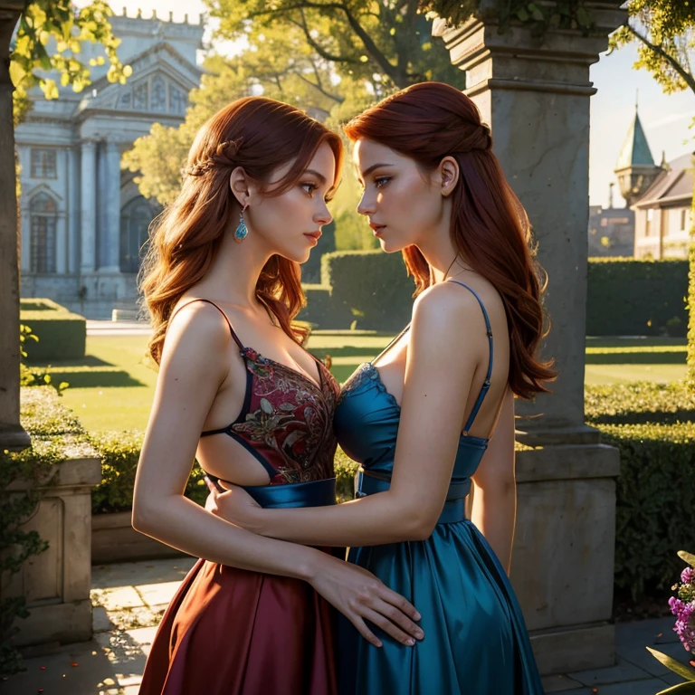 (​masterpiece, best quality:1.5), highest quality, High resolution, super detailed, Realists, Upper body photo of red-haired woman, detailed and beautiful eyes, beautiful detailed lips, very detailed eyes and face, longeyelashes, Woman in short blue dress made of shiny satin fabric, Beautiful and colorful makeup, elegant and noble々Pose,shiny satin headband, Grind, holding flowers, Gardens as background, soft daylight, bright colors, fine brushstrokes, Portrait style, Noble details in the dress fabric, beautiful color palette, glowing skin, First-class rendering, that captures every detail, enchanting atmosphere, subtle shadows and lights, (perfect anatomy:1.2), (The two stunning women lie in the grass and are deeply in love, beautiful legs and shoes:1.4),, (magnificent panorama view:1.2)