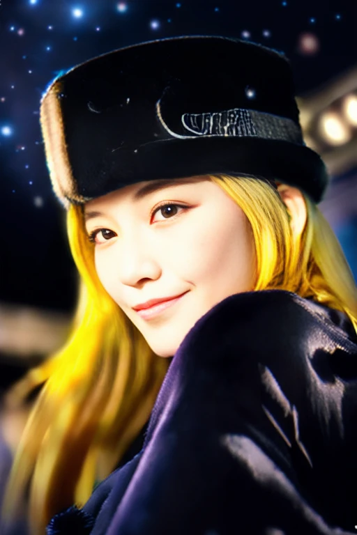 Maetel, Long Hair, Blonde,Fur trim, Black Hat, Fur hat, dress,(Cowboy Shot:1.5), Yellow Eyes, (luggage:1.1), vapor (station:1.1),stationのプラットホーム,  night, Milky Way,999 Best Quality, Very detailed, masterpiece, Absurd,8k,   (Detailed eyes, Deep Eyes),photoRealistic, Realistic,Detailed skin texture, Detailed pupil,High resolution,
1 Female,(Happy:1.1),smile, (Angular face:1.2),Shining Face,Large Breasts, (Tight waist:1.1), Lip Makeup,Long eyelashes