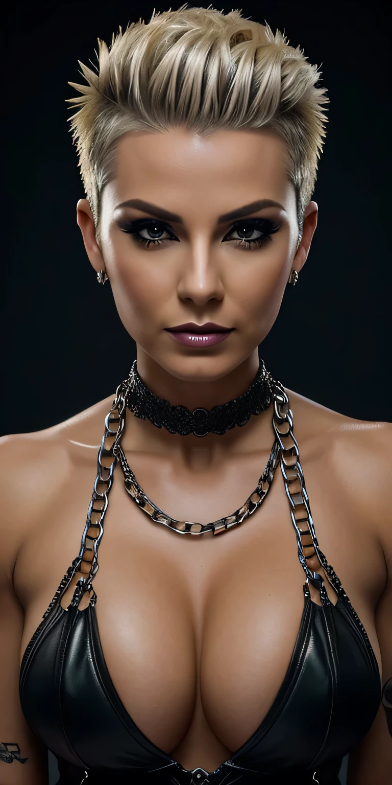 Beautiful, Firm, front view, intricate details, short mohawk blond , glamour ,  35 years old,   front view, low pov, dark makeup, open pose, cyber punk, chains, deep cleavage,, closeup portrait,