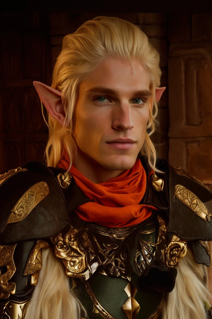 elf male, long blond hair, green eyes, elven character with smirk, a middle aged elf, male blonde elf ranger, a male elf, elven male, of an elden ring elf, dragon age inquisition, a portrait of a male elf, elvish blonde male warrior, wearing armor