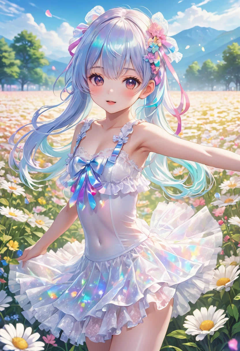 Holographic color hair、White lace underwear、Lots of ribbons and frills、Flower Field、Kindergarteners、Small breasts、Highest quality, masterpiece, Highest quality, High resolution, 8k, 超High resolution, Place your arms behind your back, Hide your arms behind your back,Dance with your hands wide open
