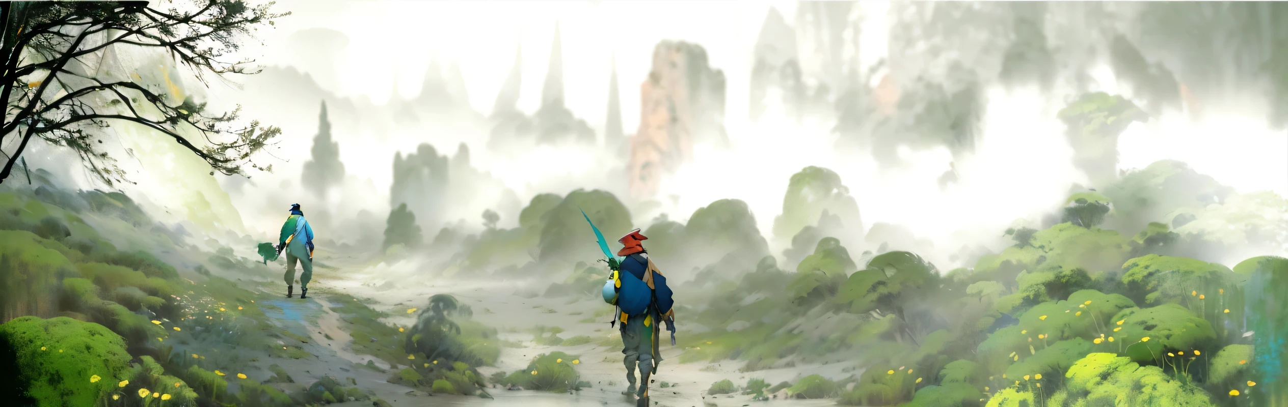The painting shows a man carrying a parrot on his shoulders,walking through a forest, Concept Art for a video game, Animation stills, painted as a game Concept Art, indie game Concept Art, Animation stills, Concept Artwork, indie Concept Art, Keyframe, Animation stills, Concept Art!, An expressive figure, Keyframe illustration, Produced in collaboration with Anime Painter Studio