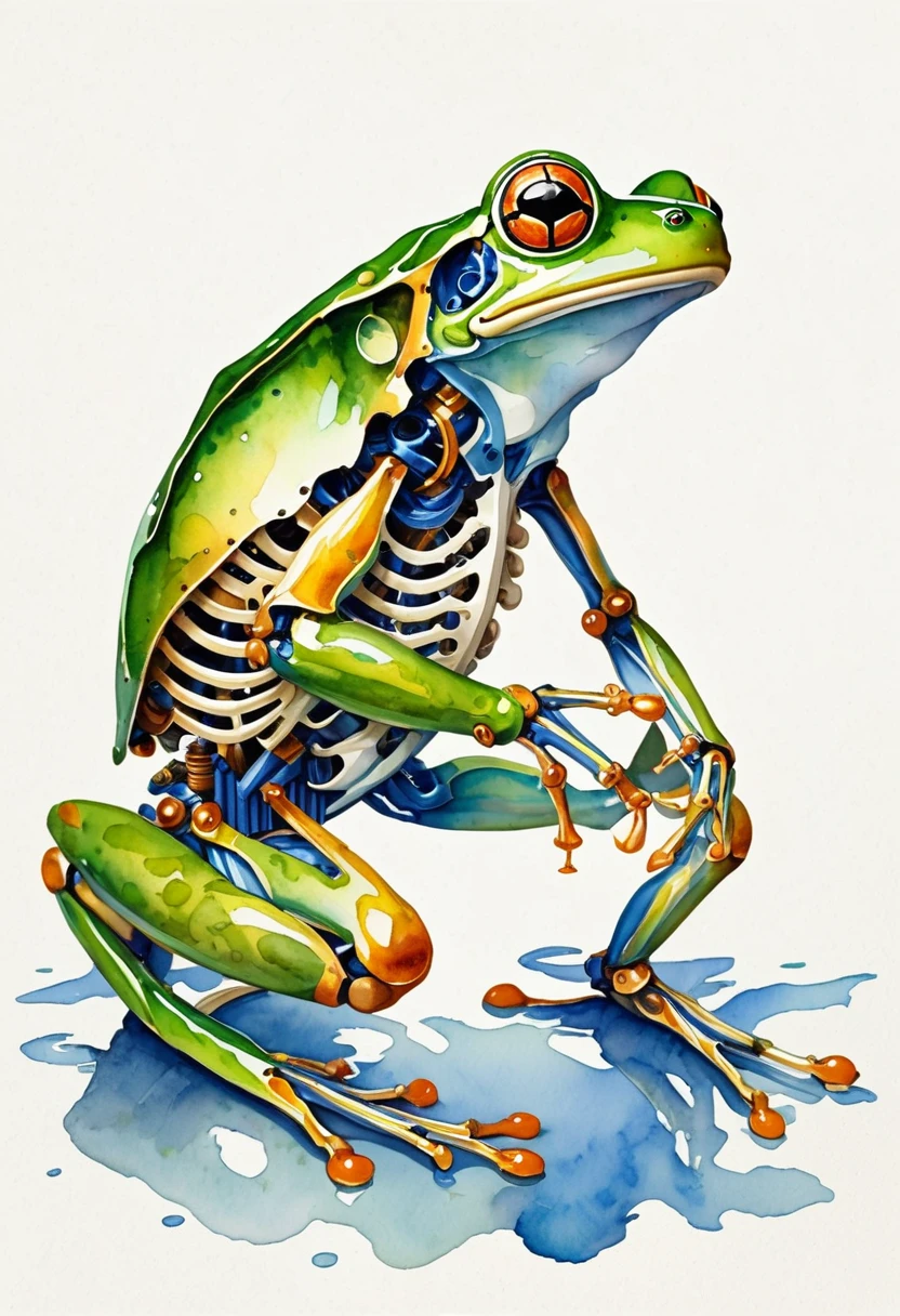 (best quality, high resolution, Watercolor mechanical frog，Mechanical skeleton