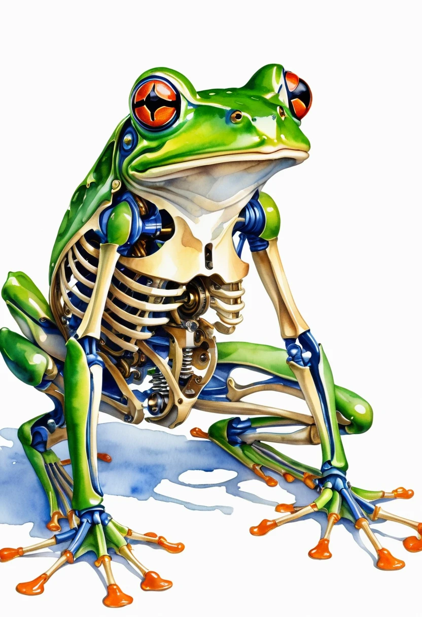 (best quality, high resolution, Watercolor mechanical frog，Mechanical skeleton