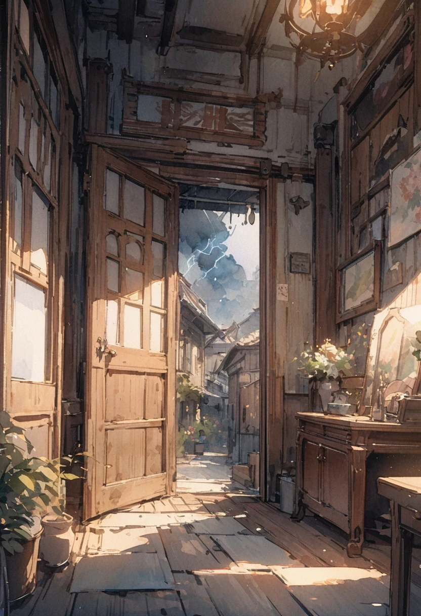 masterpiece,最high quality,Very detailed,High resolution backgrounds,8k,there is nothing,high quality,break,japanese manga style, sketch, Watercolor Colors,A town with a nice atmosphere,antique interior,Stylish interior,Town、thunder、lightning
