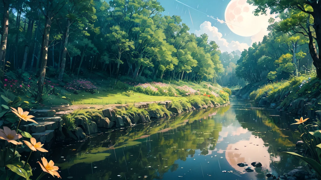 panorama, panoramic shot, scenery, (glowing:1.2),clear water, glistening water, overgrown flowers, wet road, fireflies, glowing fireflies, mid day, glowing clouds, flower trees, sakura, forest, 4k, 8k, (masterpiece, best quality, high resolution, high-quality, high quality),  light particles,  sky, under water, big  moon above, summer rain. isometric perspective, ray tracing reflections, depth of field 