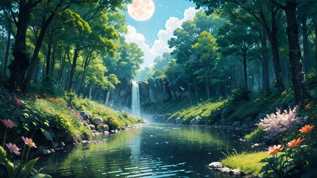 panorama, panoramic shot, scenery, (glowing:1.2),clear water, glistening water, overgrown flowers, wet road, fireflies, glowing fireflies, mid day, glowing clouds, flower trees, sakura, forest, 4k, 8k, (masterpiece, best quality, high resolution, high-quality, high quality),  light particles,  sky, under water, big  moon above, summer rain. isometric perspective, ray tracing reflections, depth of field 