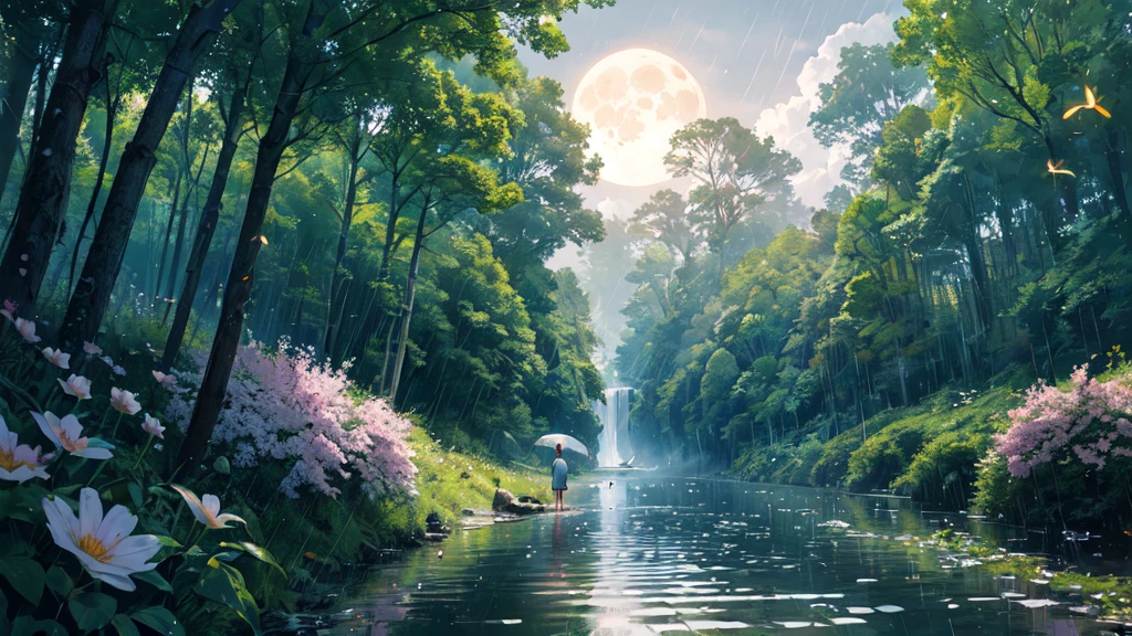 panorama, panoramic shot, scenery, (glowing:1.2),clear water, glistening water, overgrown flowers, wet road, fireflies, glowing fireflies, mid day, glowing clouds, flower trees, sakura, forest, 4k, 8k, (masterpiece, best quality, high resolution, high-quality, high quality),  light particles,  sky, under water, big  moon above, summer rain. isometric perspective, ray tracing reflections, depth of field 